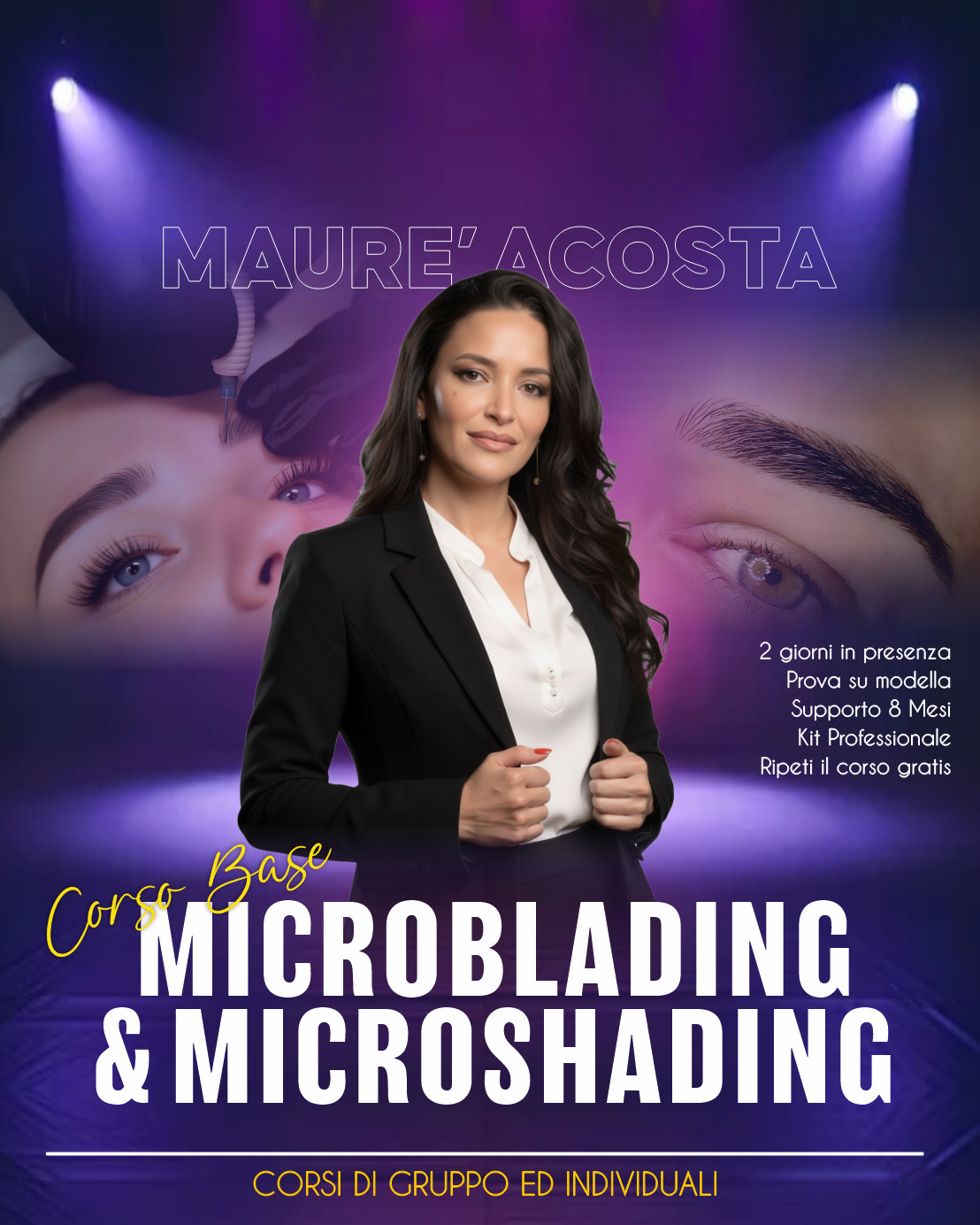 Mauré Acosta corso base poster for microblading and microshading.